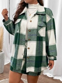 Calvaya Plus Plaid Print Drop Shoulder Flap Pocket Coat & Skirt - Green - View 6