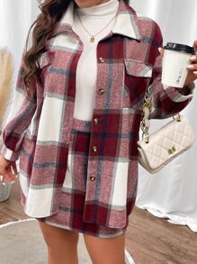 Calvaya con estampado de cuadros de hombros caídos con bolsillo con solapa Abrigo & Falda - Granate - Ver 4