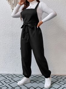 SHEIN Unity Jumpsuits Plus Size Thắt lưng Túi màu trơn Giải trí - màu đen - Xem 3