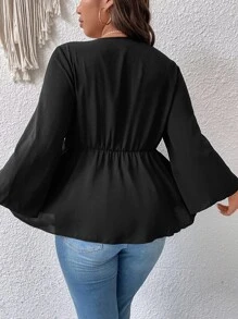 Celure Plus Knot Front Trumpet Sleeve Peplum Blouse - Black - View 2