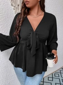 Celure Plus Knot Front Trumpet Sleeve Peplum Blouse - Black - View 3