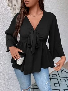 Celure Plus Knot Front Trumpet Sleeve Peplum Blouse - Black - View 4
