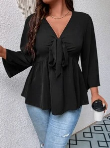 Celure Plus Knot Front Trumpet Sleeve Peplum Blouse - Black - View 5