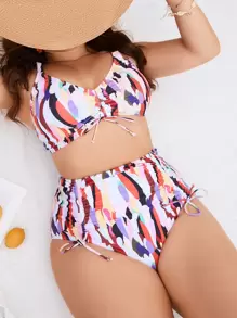 SHEIN Swim Curve 夏季海滩加大码全身印花比基尼套装抽绳褶皱吊带上衣和高腰比基尼 2 件套比基尼 - 彩色 - 查看 1