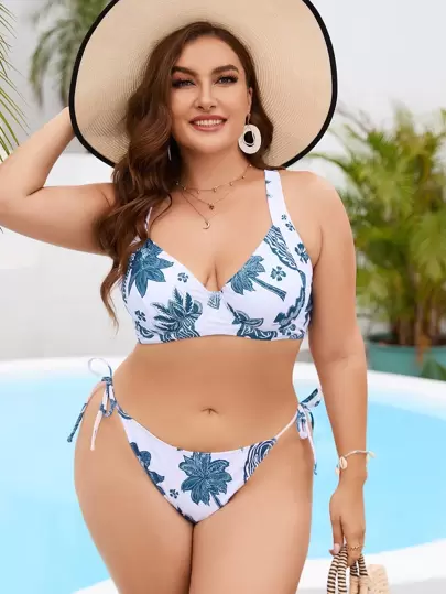 SHEIN 大尺碼花卉印花鋼托側繫帶比基尼套裝夏季海灘