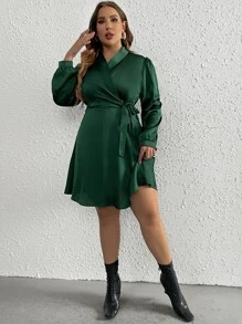 SHEIN Clasi 大碼青果領燈籠袖圍裹側打結連衣裙 - 墨綠色 - 查看 4