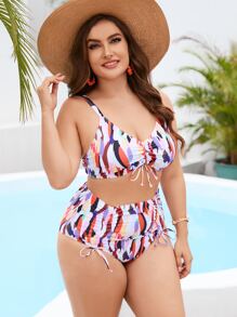 SHEIN Swim Curve 夏季海滩加大码全身印花比基尼套装抽绳褶皱吊带上衣和高腰比基尼 2 件套比基尼 - 彩色 - 查看 5