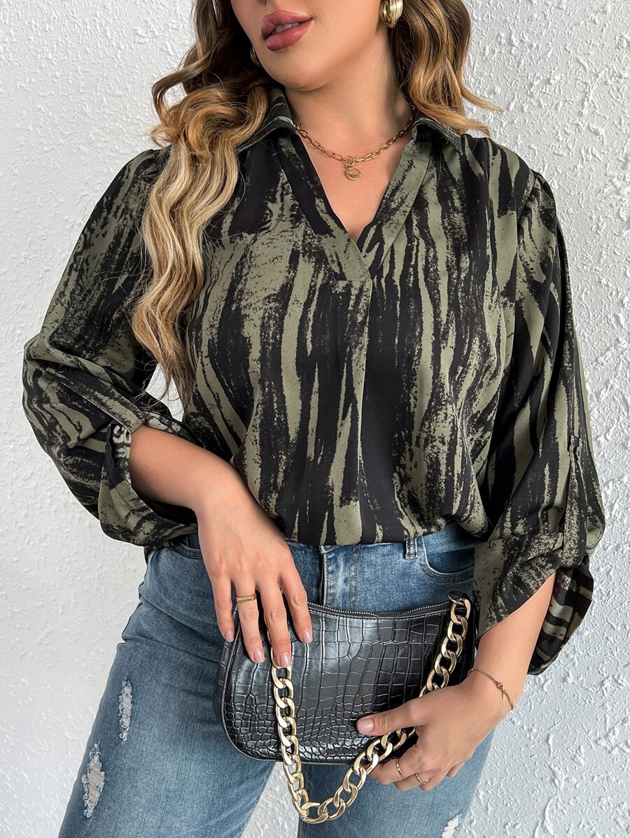 SHEIN LUNE Plus Tie Dye Roll Tab Sleeve Curved Hem Blouse - Multicolor - View 1