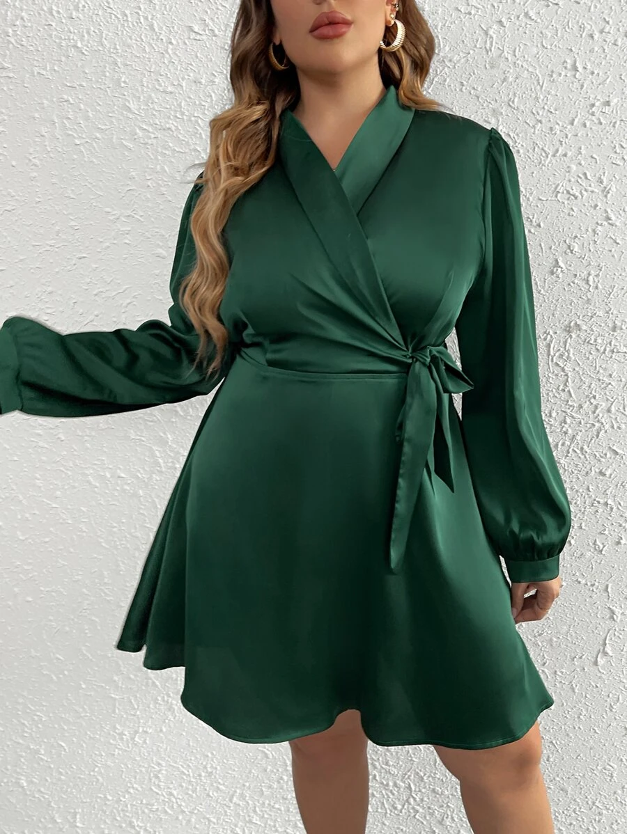 SHEIN Clasi 大碼青果領燈籠袖圍裹側打結連衣裙 - 墨綠色 - 查看 1