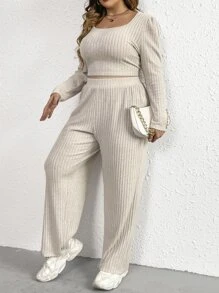 SHEIN Essnce Plus Scoop Neck Crop Tee & Trousers - Beige - View 3