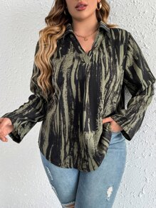 SHEIN LUNE Plus Tie Dye Roll Tab Sleeve Curved Hem Blouse - Multicolor - View 3