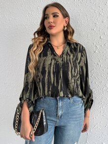 SHEIN LUNE Plus Tie Dye Roll Tab Sleeve Curved Hem Blouse - Multicolor - View 4