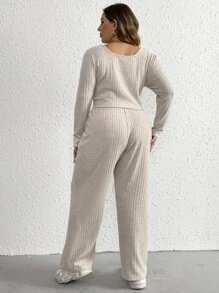 SHEIN Essnce Plus Scoop Neck Crop Tee & Trousers - Beige - View 4