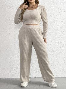 SHEIN Essnce Plus Scoop Neck Crop Tee & Trousers - Beige - View 1