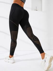 Hollow Out Tummy Control Sports Leggings - Black - View 3