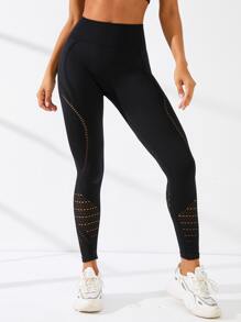 Hollow Out Tummy Control Sports Leggings - Black - View 6