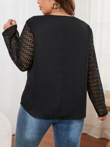 SHEIN Franclia Plus Contrast Lace Scallop Trim Blouse - Black - View 2