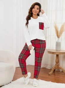 Calvaya Leggings con camiseta de tartán con parche con bolsillo