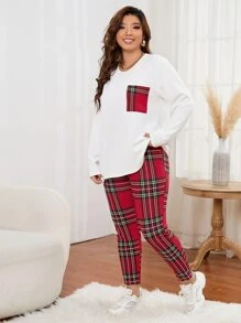 Calvaya Leggings con camiseta de tartán con parche con bolsillo
