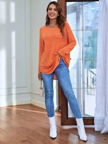 SHEIN LUNE Áo thun nữ màu trơn Giải trí - trái cam - Xem 3