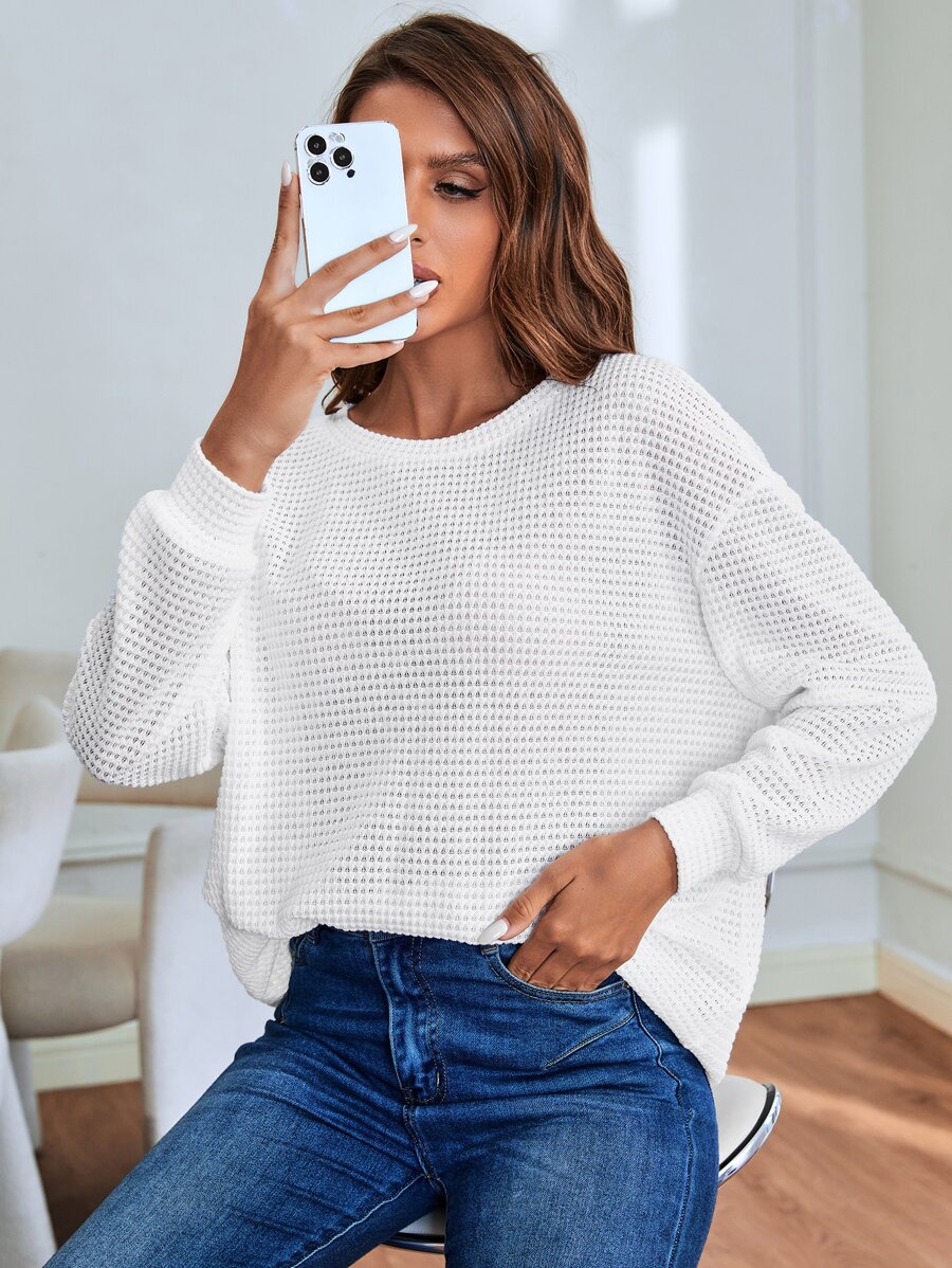 SHEIN LUNE 素色落肩袖運動衫 - 白色 - 查看 1