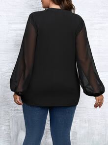 SHEIN Unity 大碼鎖眼領燈籠袖上衣 - 黑色 - 查看 2