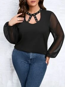 SHEIN Unity 大碼鎖眼領燈籠袖上衣 - 黑色 - 查看 3