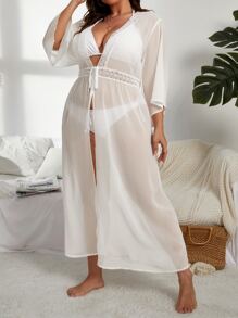 Kimono panel con encaje con cordón delantero - Blanco - Ver 3