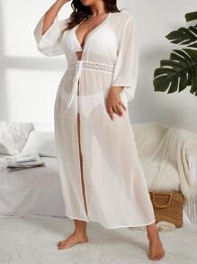 Kimono panel con encaje con cordón delantero - Blanco - Ver 4