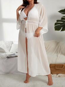 Kimono panel con encaje con cordón delantero - Blanco - Ver 6