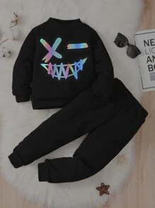 Toddler Boys Reflective Cartoon Graphic Mock Neck Pullover & Joggers - Black - View 3