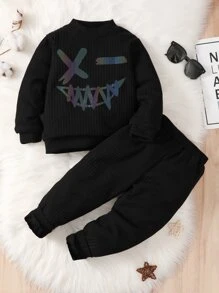 Toddler Boys Reflective Cartoon Graphic Mock Neck Pullover & Joggers - Black - View 1