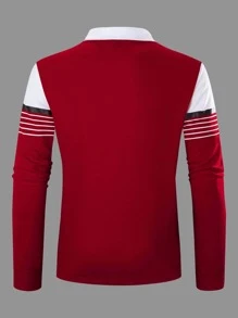 Manfinity Mode 男士休闲工作条纹和马匹印花纽扣长袖 Polo 衫，男友礼物