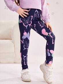 Young Girl Butterfly Print Leggings - Navy Blue - View 4