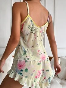 Floral Print Frill Trim Knot Front Cami Top & Shorts PJ Set - Yellow - View 2