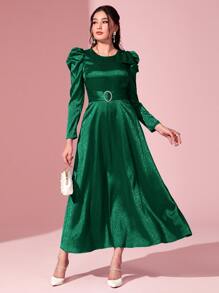 Modelyn Gigot Sleeve Belted Jacquard Dress - Green - View 1