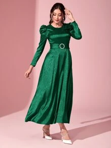 Modelyn Gigot Sleeve Belted Jacquard Dress - Green - View 4