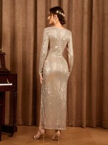 Zolique 交疊領高衩亮片緊身連衣裙 - 香檳色 - 查看 2