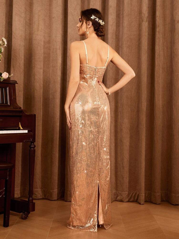 One Shoulder Split Back Ruched Bust Sequin Prom Dress