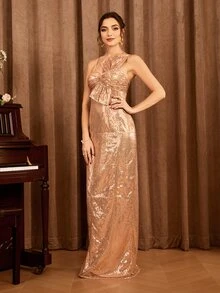 One Shoulder Split Back Ruched Bust Sequin Prom Dress - Champagne - View 4