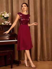 亮片拼接伴娘連衣裙 - 酒紅色 - 查看 5