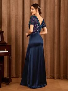 Contrast Sequin Split Thigh Dress - Navy Blue - View 2