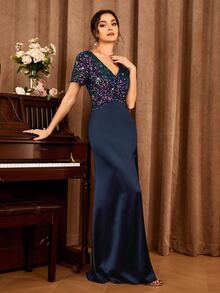 Contrast Sequin Split Thigh Dress - Navy Blue - View 5