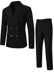 Manfinity Mode Men Double Breasted Striped Blazer & Suit Pants - Black - View 1