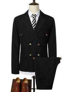 Manfinity Mode Men Double Breasted Striped Blazer & Suit Pants - Black - View 6