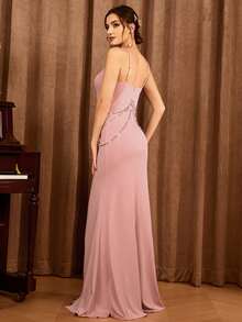 Rhinestone Split Thigh Cami Bridesmaid Dress - Dusty Pink - View 2