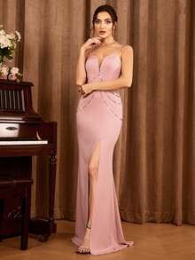 Rhinestone Split Thigh Cami Bridesmaid Dress - Dusty Pink - View 3