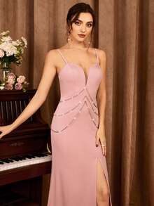 Rhinestone Split Thigh Cami Bridesmaid Dress - Dusty Pink - View 4