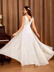 Contrast Mesh V Neck Wedding Dress - White - View 1