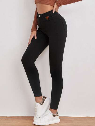 RueChic Patched Detail High Waist Skinny Jeans